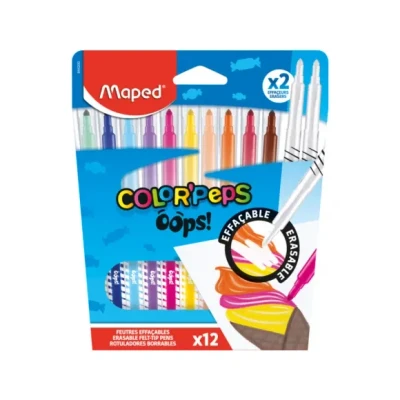 Afbeelding van Maped viltstift uitwisbare OOPS viltstiften met medium punt heldere kleuren kartonnen etui 12 viltstiften, waarvan 2 gummers