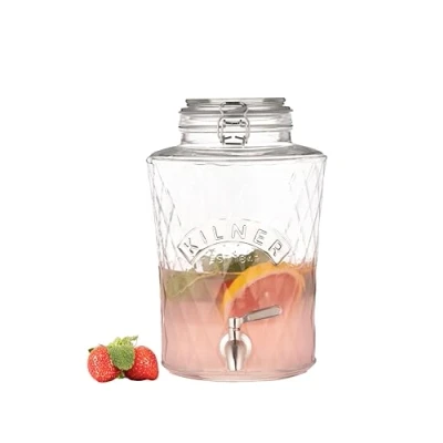 Afbeelding van Kilner Diamond Glazen drankdispenser met roestvrijstalen kraan, luchtdichte klikdeksel en siliconen afdichting, ideaal voor sappen, cocktails dranken, 5 liter