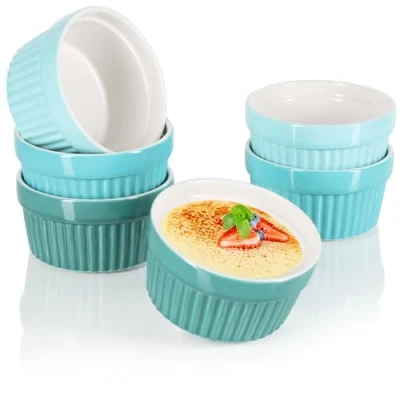 Afbeelding van COM FOUR® 6 x soufflé vormen keramische kommen crème brûlée ovenvaste dessertkommen en bakvormen voor bijv. Stoofpotvin in verschillende tinten groen