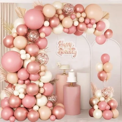 Afbeelding van Kit d&#039;arche de ballons roses, 114 pièces, guirlande en latex rose pâle doré avec rétro pour anniversaire, fête prénatale, mariage, prénuptiale, fiançailles
