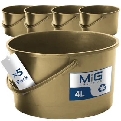Afbeelding van MiG 5 stuks kunststof emmers, bouwemmer, keukenemmer, emmer van flexibel en robuust kunststof, bestand tegen mechanische beschadigingen, inhoud 4 liter, goud