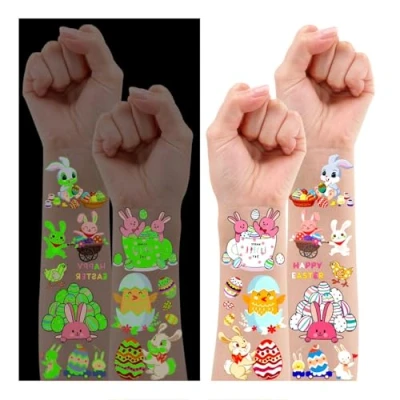 Afbeelding van Leesgel 12 vellen lichtgevende tijdelijke kindertatoeages voor paasmand, paasdecoratie, jongens en meisjes, geschenken, stickers paaseieren
