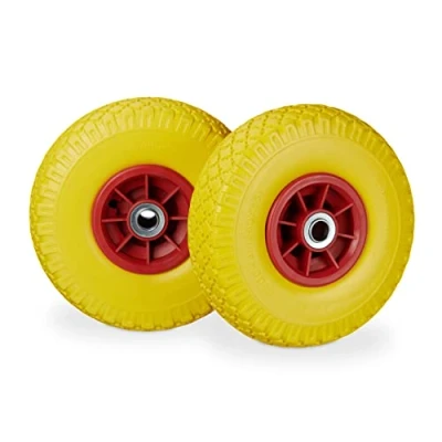 Image de Relaxdays Lot de 2 roues diable, roue brouette en caoutchouc plein anti crevaison 3,00 4&#039;&#039; Essieu 20 mm Jusqu&#039;à 80 kg 260 x 85 Jaune/rouge