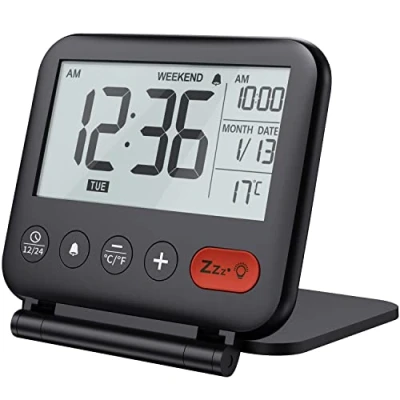 Afbeelding van NOKLEAD Digitale reiswekker, draagbare mini klok met lcd display kalenderachtergrondverlichting, 12/24 uur temperatuurherhaling, make upspiegel, kleine opvouwbare bureauklok op batterijen
