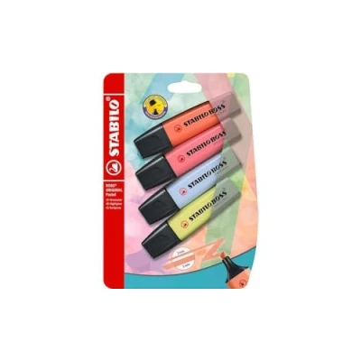 Afbeelding van Tekstmarkeerstift STABILO BOSS ORIGINAL Pastel 4 stuks koraal rood, kersenbloesem roze, baby blauw, snufje limoen