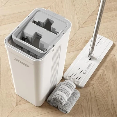 Afbeelding van JOYMOOP Dweil en emmer met wringer voor thuis, platte mop emmersysteem, vloer wandreiniging, 3 herbruikbare microvezel dweilpads