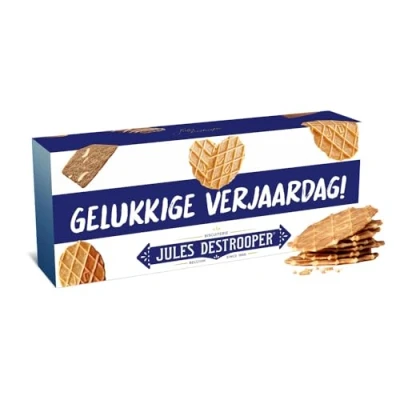 Afbeelding van Jules Destrooper Natuurboterwafels &quot;Gelukkige verjaardag! / Joyeux anniversaire!&quot; 2 dozen met Belgische koekjes 100g x