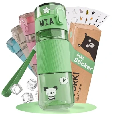 Afbeelding van BJORKI Lekvrije drinkfles voor kinderen, 350 ml, met bonus naamsticker, kleine kleuterschool, geschikt koolzuurhoudende dranken en vaatwasmachinebestendig, robuuste waterfles