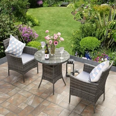 Afbeelding van RayGar 3 delige rotan tuinmeubelset met stoelen en salontafel voor terras buiten, 2 zits, grijs
