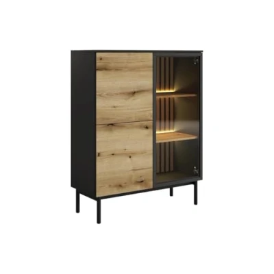 Afbeelding van Vitrinekast met 3 deurtjes en ledverlichting Houtlook zwart LABENIA L 100.1 cm x H 125.4 D 39.4