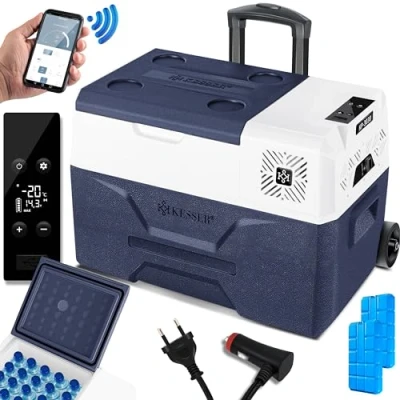 Afbeelding van KESSER® Compressor Koelbox Elektrische Vriezer, met APP bediening USB aansluiting 12/24 V 230V, +Telescopische stangwielen Collbox tot 20 C voor auto, vrachtwagen, boot, camper, camping 30 Liter, Grijs