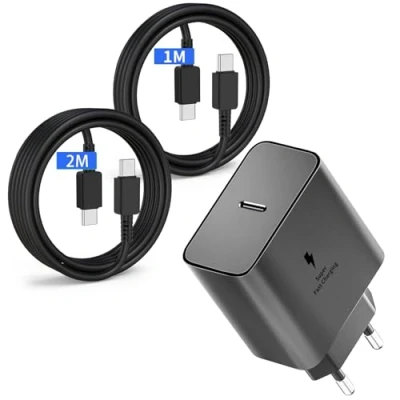 Afbeelding van 45 W USB C oplader voor Samsung Galaxy S25 S24 S23 S22 S21 S20FE S10 S9 S8 A55 A54 A53 A52 A51 A50 A34 A33 A23, voeding 1 m + 2 m, super snel opladen
