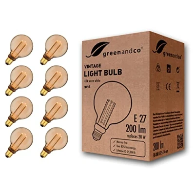 Afbeelding van Greenandco® ledlamp, decoratief, vintage, retro, industrieel, antiek, Edison, E27, G95, 4 W, 200 lm, 1800 K, zeer warm wit, 320 graden, 230 V, geen flikkeren, niet dimbaar, 8 stuks