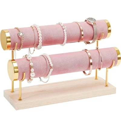 Afbeelding van Procase Armbandstandaard, armbandhouder, afneembare armbandhouder met 2 niveaus, houten blad, sieradenhouder voor elastische horlogeband, roze
