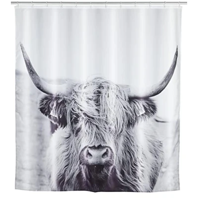 Afbeelding van WENKO Yak Hygiënisch douchegordijn van wasbare stof, waterdicht en onderhoudsvriendelijk, met 12 ringen voor bevestiging aan de douchestang wit/zwart, 180 x 200 cm