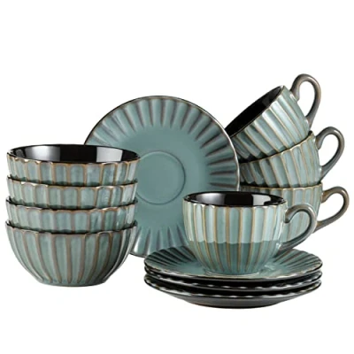 Afbeelding van MÄSER 931966 Serie Confino tafelservies voor 4 personen in moderne vintage look, 12 delig, petrol keramiek met zwarte accenten