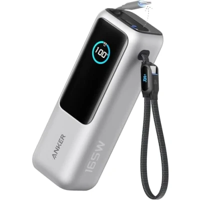 Afbeelding van Anker Laptop Power Bank, 25.000mAh Draagbare Oplader met Drie 100W USB C Poorten voor Meerdere Apparaten Opladen, Ingebouwde en Intrekbare Kabels Silver iPhone 16/15 Serie, Samsung, Meer