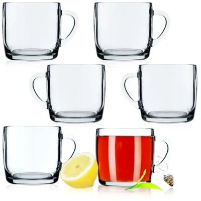 Afbeelding van Theeglazen, set van 6 glazen met handvat, kopjes voor personen, vaatwasmachinebestendig, drinkglazen koffie, thee, water, sap, dranken, sapglazen, waterglazen, glazenset
