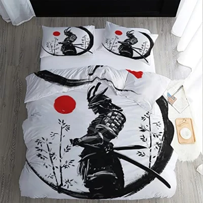 Afbeelding van Dekbedovertrek van 220 x 240 cm, Japans motief, beddengoed voor tweepersoonsbed, Aziatisch, Samurai, met ritssluiting, 2 kussenslopen 65 100% microvezel