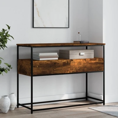 Afbeelding van Wandtafel 100x40x75 cm bewerkt hout gerookt eikenkleurig