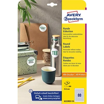 Afbeelding van AVERY Zweckform 6222REV 10 ronde etiketten (880 zelfklevende tabletten, Ø 20 mm op A4, stickers om te printen, afneembaar en zonder resten achter laten, jamlabels)