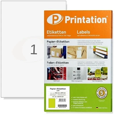 Afbeelding van Universele etiketten 100 stuks 210 x 297 mm wit zelfklevend bedrukbaar DIN A4 vellen van 1x1 210x297 papieren labels/zelfklevende 3478 6119 4631 zelfklevende