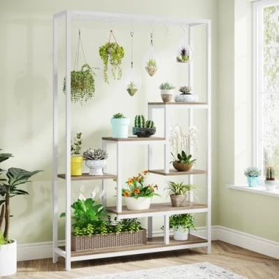 Afbeelding van Tribesigns Plantenstandaard voor kamerplanten met 5 niveaus, metalen rek van 180,1 cm 10 S ophanghaken, multifunctioneel, binnen, tuin, balkon, woonkamer, wit en beige