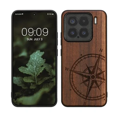 Afbeelding van kwmobile telefoonhoesje geschikt voorXiaomi 15 Hoesje met bumper walnoothout In donkerbruin Vintage Kompas design