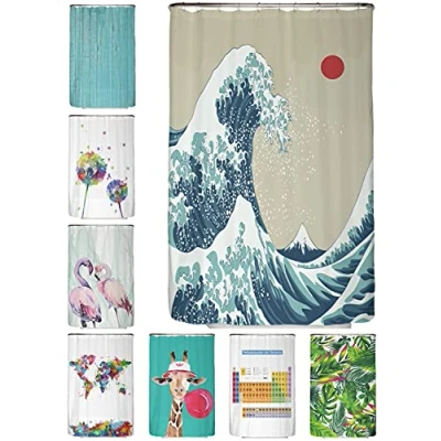 Afbeelding van arteneur® Douchegordijn, Japanse golf, schimmelbestendig, 120 x 200 cm, gerecycled, Oeko Tex Standard 100, verzwaarde zoom, ondoorzichtig, waterdicht, wasbaar, met e book en 8 ringen