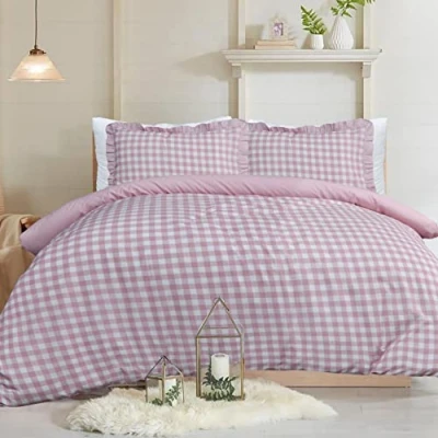 Afbeelding van Sleepdown Effen Gingham geruite beddengoedset met ruches dekbedovertrek en kussenslopen Lichtroze Kingsize (230 x 220 cm)