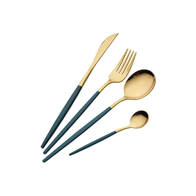 Afbeelding van Bestek, 16 stuks bestek groen goud, roestvrijstalen bestekset, inclusief steakmessen, vorken, soeplepels, theelepels, bestekset voor 4 personen (groen goud)