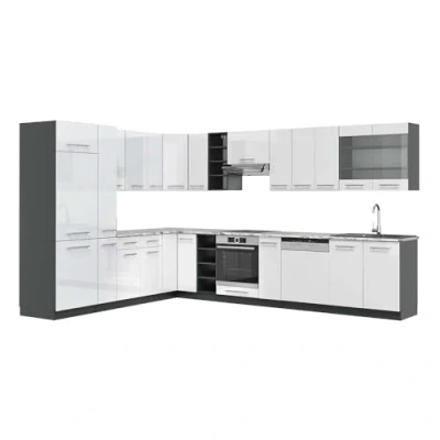 Afbeelding van Vicco Fame Line Hoekkeuken 257 x 60 cm , WB Marmer Wit hoogglans/antraciet