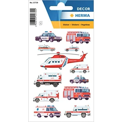 Afbeelding van HERMA 15739 stickers voor kinderen, voertuigen met blauw licht (36 stickers, papier, mat), permanente zelfklevende etiketten meisjes en jongens, meerkleurig