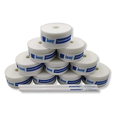 Afbeelding van KNAUF® 10 stuks afdekstrips van glasvezel, rol 25 m x 50 mm, wapeningsstrips voor voegen, tape het repareren gipsplaten, set met 2 timmermanspotloden DEWEPRO®