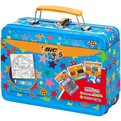 Afbeelding van BIC Kids schilderkoffer 12 pastelkleuren op olie/12 magische viltstiften, 6 tubes glitterlijm, 1 poster om in te kleuren