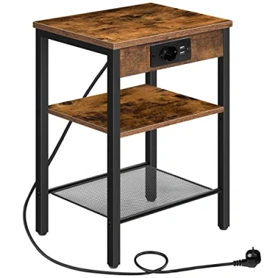Afbeelding van HOOBRO bijzettafel met laadstations en USB poorten, nachtkastje 3 verdiepingen verstelbare planken, smalle voor woonkamer, vintage bruin EBF112CBZ01