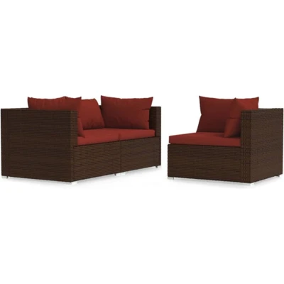 Afbeelding van 3 delige Loungeset met kussens poly rattan bruin