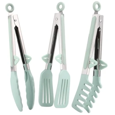 Afbeelding van LEAZZLE Set van 3 roestvrijstalen keukentangen 26 cm met siliconen punten, keukentang siliconen, pastatang, barbecuetang, keukentang, vleestang, tang