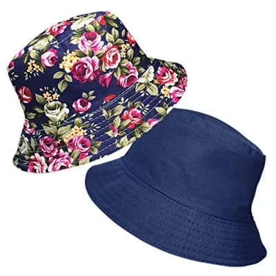 Afbeelding van TOSKATOK Omkeerbare zonnehoed voor dames, katoen, UPF 50+, bloemenpatroon, marineblauw/meerkleurig
