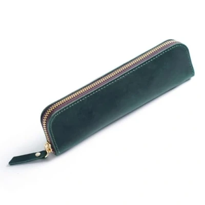 Afbeelding van DONGKER Vintage leren etui met 4 pennenlussen en ritssluiting voor pen, penseel enz., Donkergroen, Donkergroen