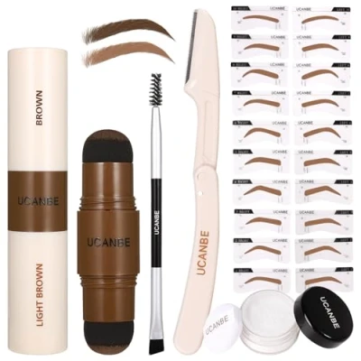 Afbeelding van UCANBE kit de 25 pochoirs à sourcils avec tampon bicolore, 20 réutilisables, poudre finition, pinceau, rasoir sourcils, pochette zippée, d&#039;estampage et