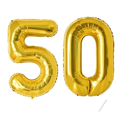 Afbeelding van Maclunar Decoratieve ballon in de vorm van een cijfer 50 jaar, gouden folieballon voor 50e verjaardagsdecoratie, mannen en vrouwen, opblaasbaar met helium, verjaardagsfeest 101 cm