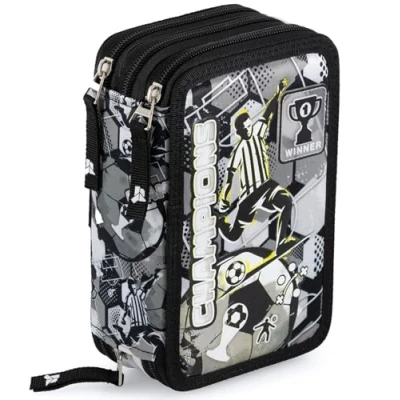 Afbeelding van Julian Ross drievoudig gevoerd etui, 44 schoolaccessoires, 20 cm, Wit/Zwart Champions, Jeugd