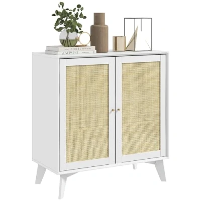 Afbeelding van HOMCOM Laag dressoir, opbergkast, bohemien design, dubbele deuren met 2 niveaus, keukendressoir rotan voorkant, 80 x 40 85 cm, wit
