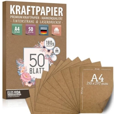 Afbeelding van 50 vellen kraftpapier A4 180 g 21 x 29,7 cm DIN formaat knutselpapier en natuurkarton van kraftkarton om af te drukken, kaartpapier, knutselen voor geschenken