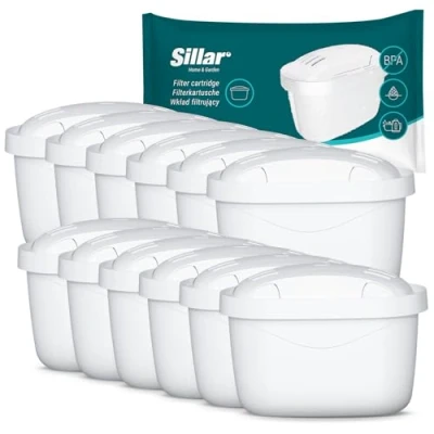 Afbeelding van Sillar 12 waterfilterpatronen compatibel met Brita Maxtra+, Marella, Aluna, Elemaris, actieve kool en ionenwisselaars, BPA vrij, vermindert kalk chloor, voor water