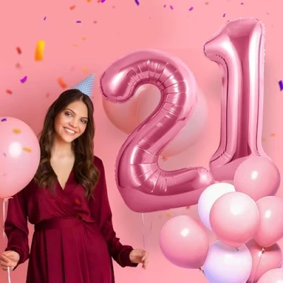 Afbeelding van Verjaardagsballonnen 21 roze 100 cm ballon cijfer nummer Happy Birthday decoratie, ballonnen, verjaardagsfeest, jaren vliegt dankzij helium