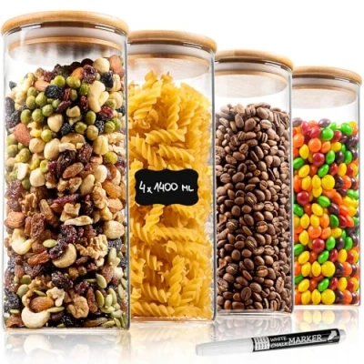 Afbeelding van Deco Haus Voorraadpotten met Deksels Set van 4 1400ml Luchtdicht Vaatwasser Magnetronvriendelijk, Pot voor Koekjes, Pasta, Droog Voedsel, Ontbijtgranen, 4x20 cm Hoog, 10cm Doorsnee