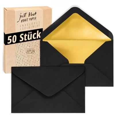 Afbeelding van Japun enveloppen (50 stuks), envelop, envelop zonder venster DIN C6 162 x 114 mm binnenkant: goud papierkleur: zwart
