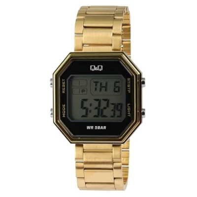 Afbeelding van Q&amp;Q M206J007Y Horloge Digitaal Unisex Stalen band Achthoek Metaal Datumaanduiding 100 jaar kalender Stopwatch Alarm Tweede tijdzone Backlight Goudkleurig Zwart Transparant